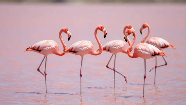 Five pink flamingos wade calmly in soft pastel pink shallow lagoon water