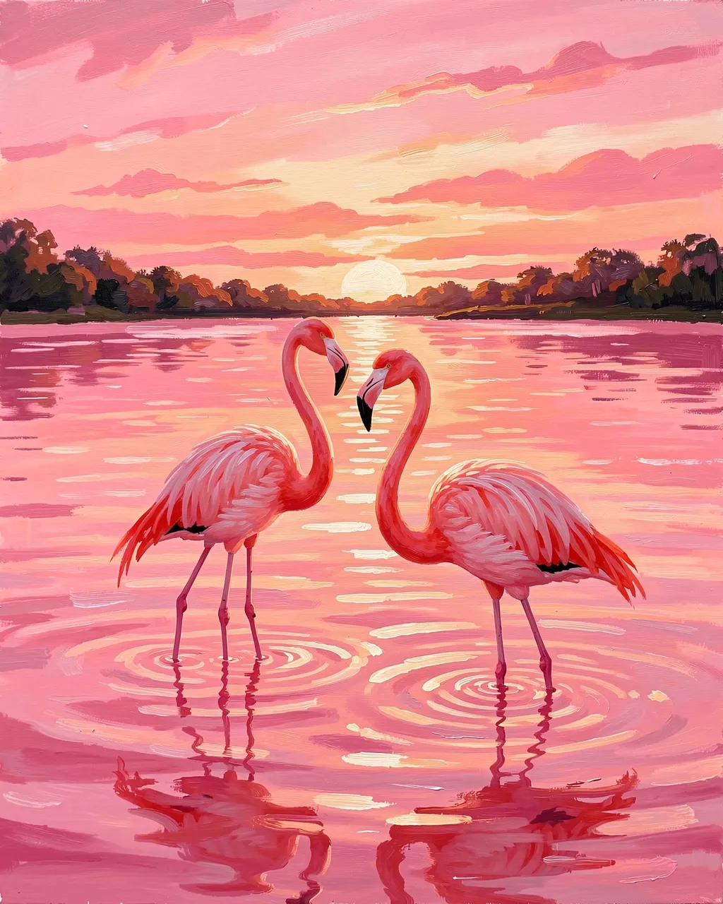Acrylic painting of two pink flamingos wading facing each other in a pastel lagoon at sunrise