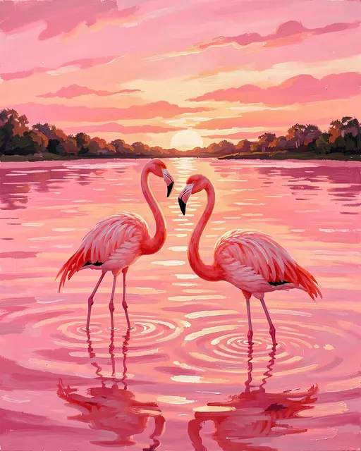 Acrylic painting of two pink flamingos wading facing each other in a pastel lagoon at sunrise