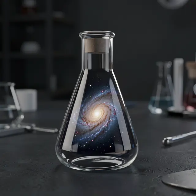 A corked glass erlenmeyer flask holding a detailed spiral galaxy sits on a dark lab bench