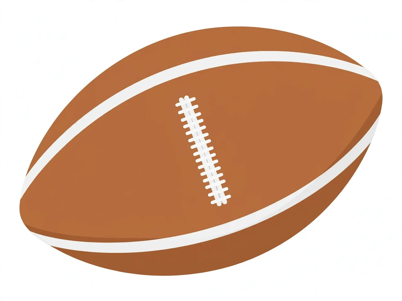 Angled side view of a plain brown American football with white laces and bands, isolated on a light background