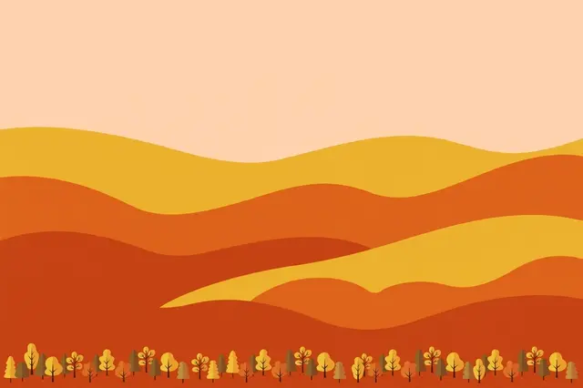 Minimal flat vector illustration of rolling fall hills with tiny trees along the bottom and a peach empty sky