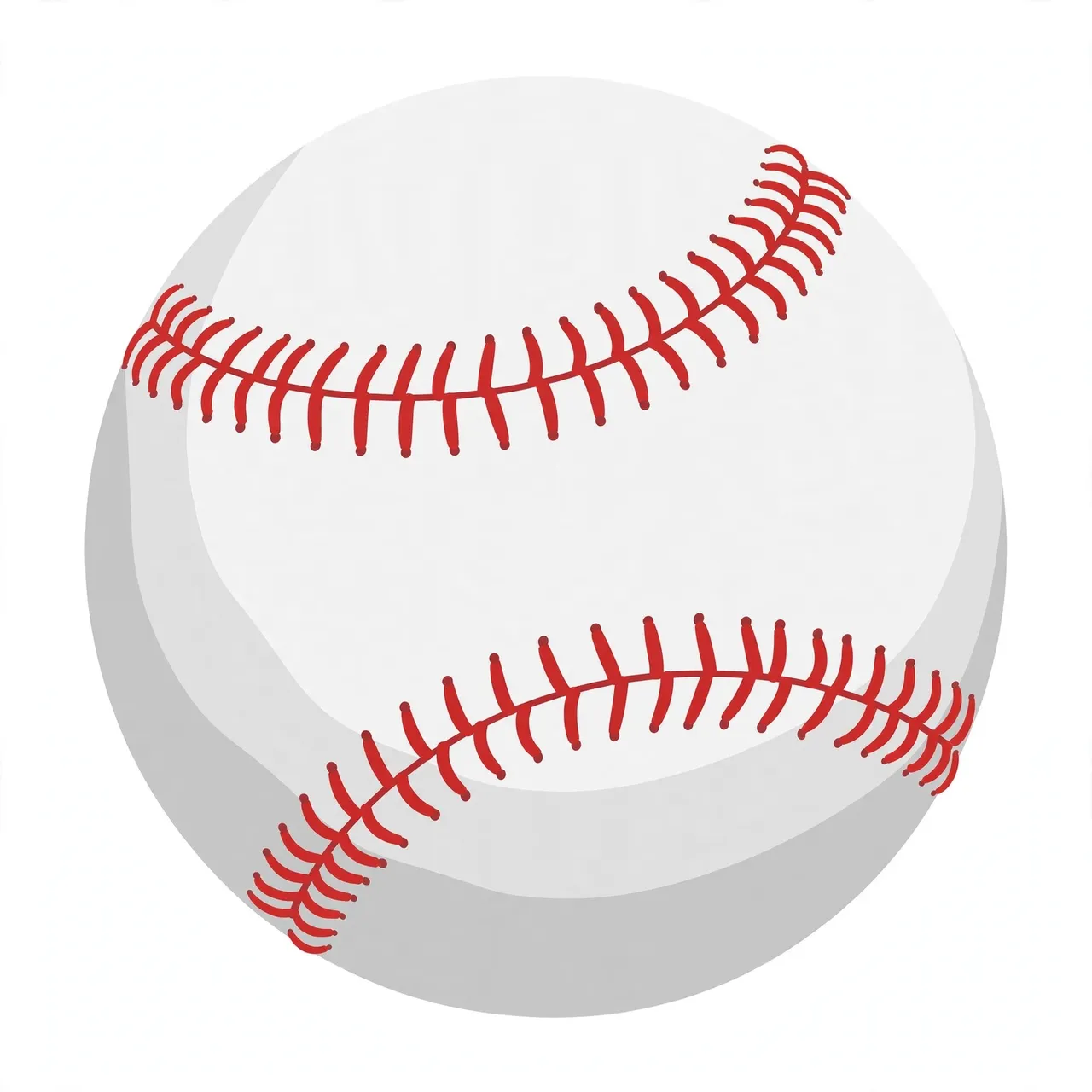 Flat clipart illustration of a white baseball with red stitching and soft gray shading on a light background