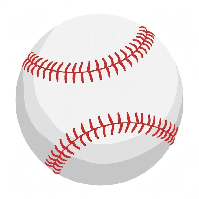 Flat clipart illustration of a white baseball with red stitching and soft gray shading on a light background