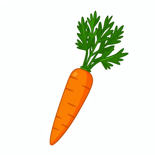 Flat clipart illustration of a whole carrot with feathery green tops isolated on a plain white background