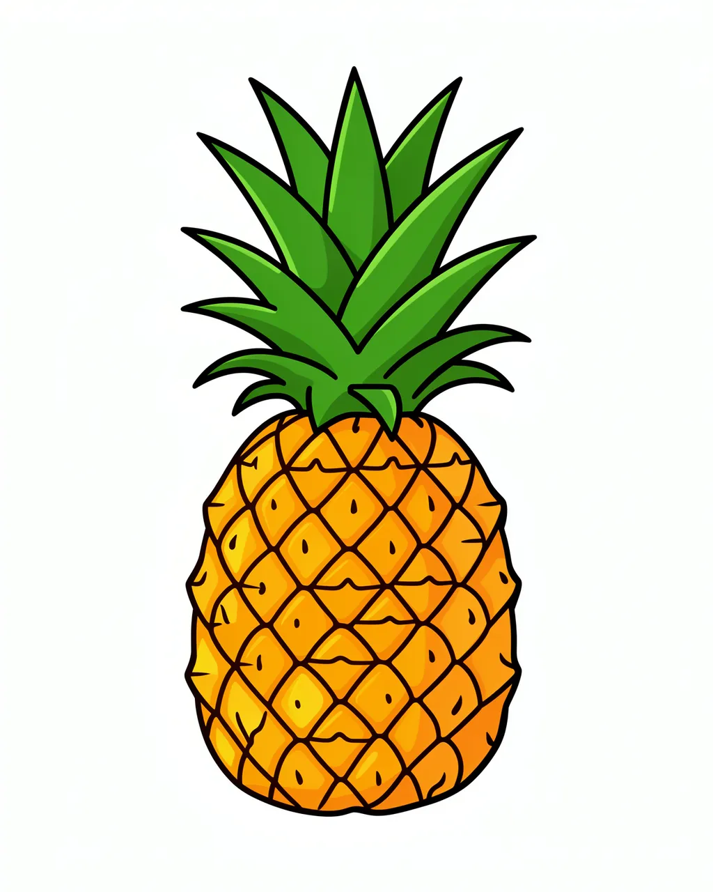 Cute outlined flat clipart of a pineapple with green leafy top isolated on a plain white background