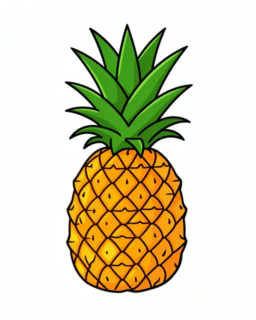 Cute outlined flat clipart of a pineapple with green leafy top isolated on a plain white background