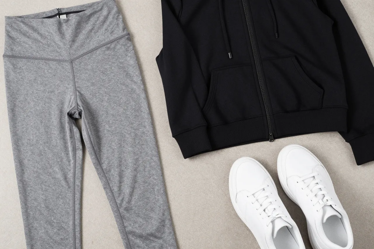 Neatly arranged athleisure clothing laid flat on a soft neutral beige surface