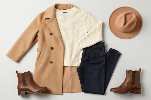 Arranged fall clothing including camel coat, cream sweater, denim, boots and felt hat on a light gray background