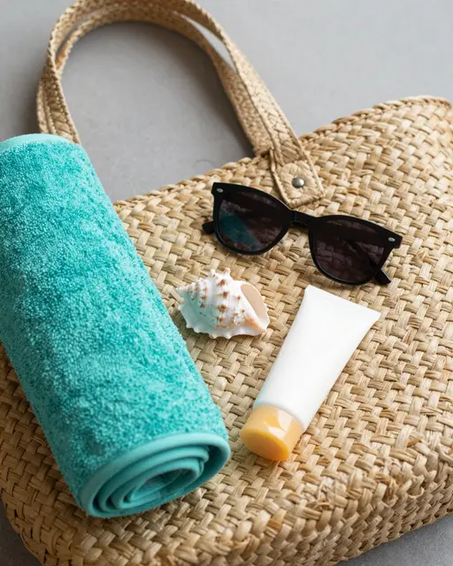 Woven straw tote arranged with rolled turquoise towel, sunglasses, seashell, and blank sunscreen tube on a neutral gray