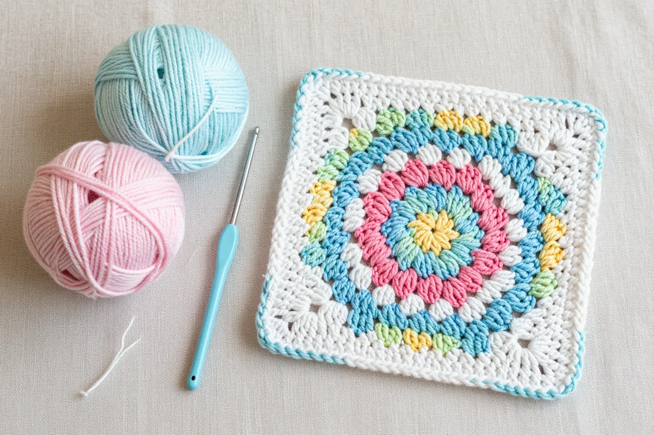 Pastel cotton yarn balls, a crochet hook, and a finished granny square rest on a linen surface