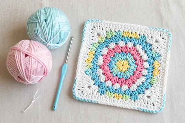 Pastel cotton yarn balls, a crochet hook, and a finished granny square rest on a linen surface