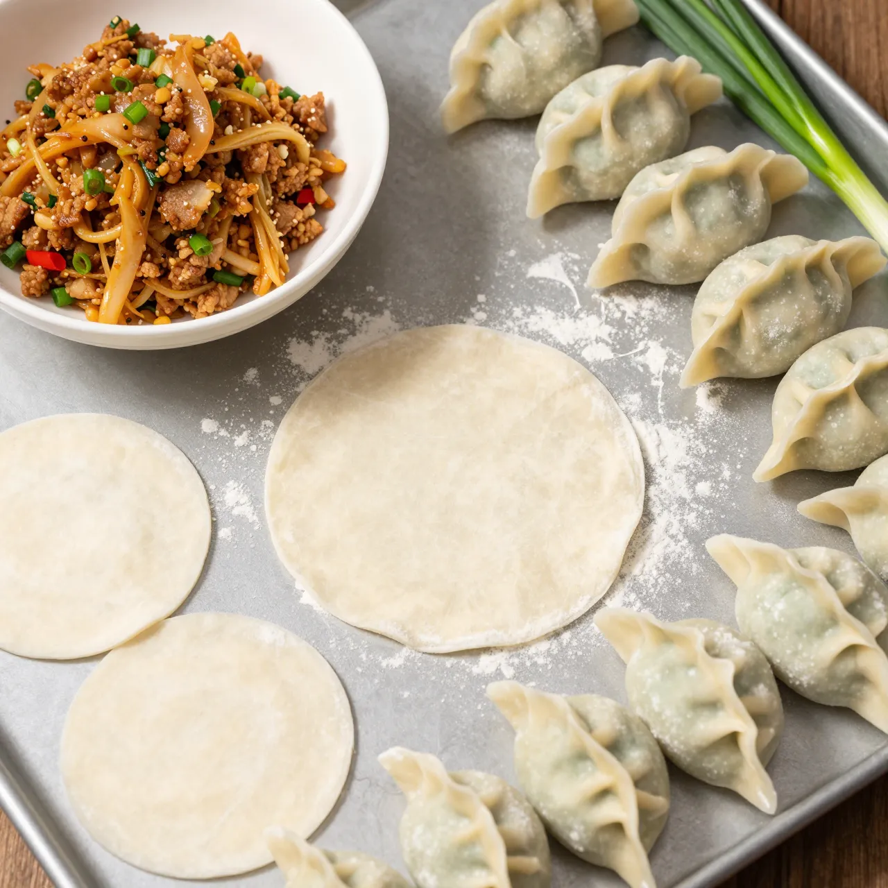 Floured metal tray holds dumpling wrappers, filling bowl, pleated dumplings and fresh scallions.