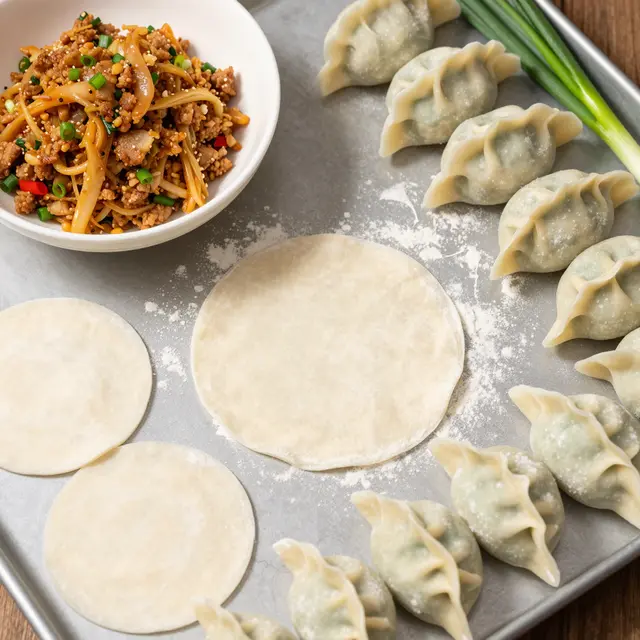 Floured metal tray holds dumpling wrappers, filling bowl, pleated dumplings and fresh scallions.