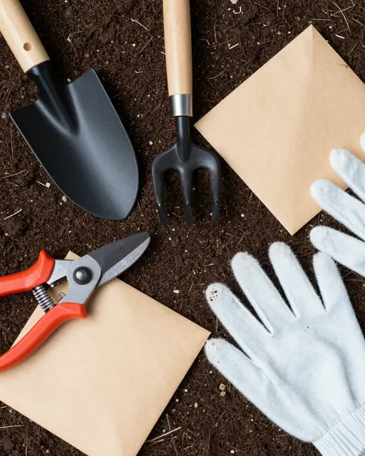 Top-down flat lay of gardening tools, kraft seed envelopes, and cotton gloves arranged on dark potting soil.