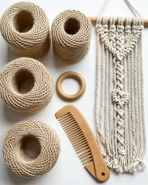 Neatly arranged macrame supplies including cotton cord spools, wooden ring, comb and partially finished wall hanging on a
