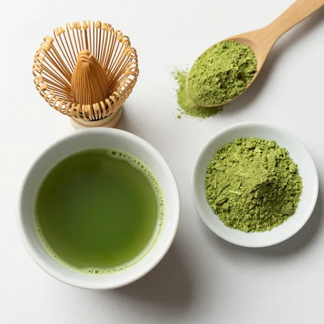 Top-down view of a matcha preparation set arranged on a plain white surface