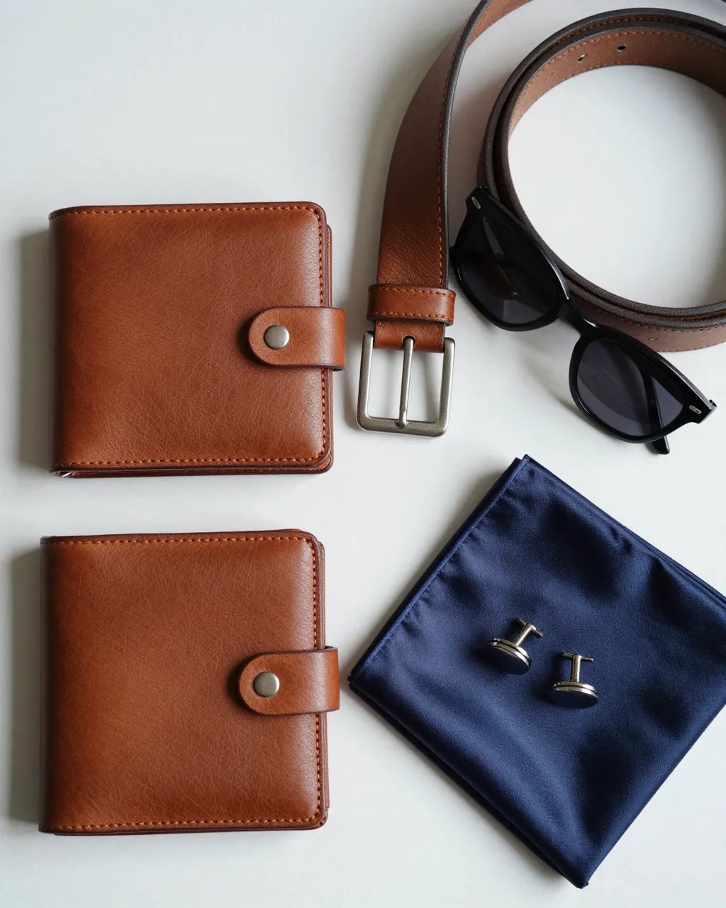 Arranged men's leather accessories including wallets, a belt, sunglasses, pocket square and cufflinks on a light white