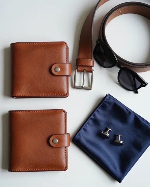Arranged men's leather accessories including wallets, a belt, sunglasses, pocket square and cufflinks on a light white