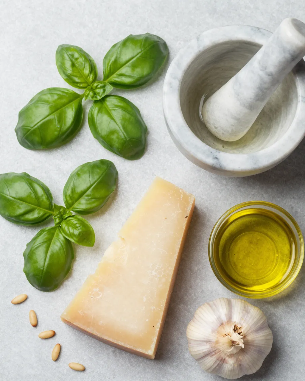 Top down flat lay of fresh pesto ingredients arranged beside a marble mortar on a light stone surface