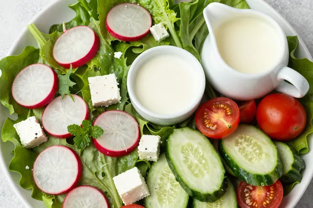 Plate of fresh salad ingredients with mixed greens, radish, cucumber, tomatoes, feta and dressing vessels