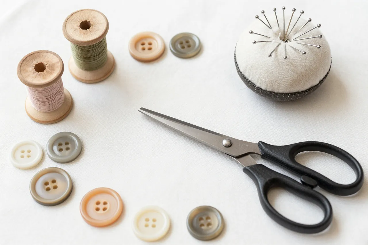 Arranged sewing supplies including thread spools, pincushion, buttons and shears rest on a soft muslin surface