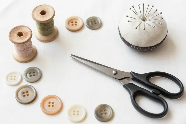 Arranged sewing supplies including thread spools, pincushion, buttons and shears rest on a soft muslin surface