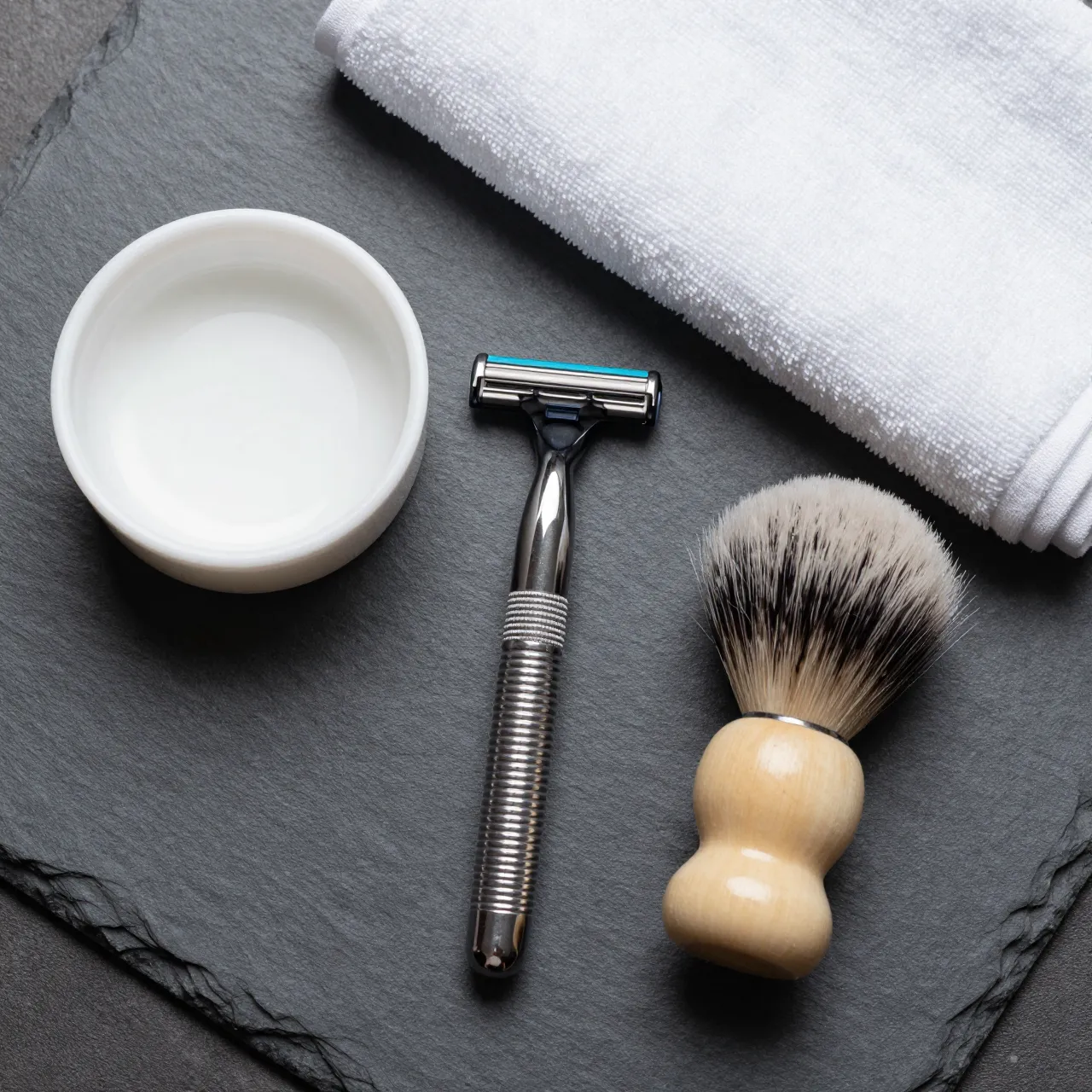 Traditional wet shaving kit arranged flat on a dark slate surface