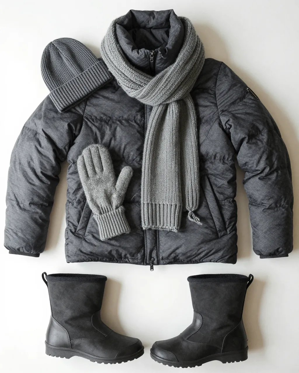 Neutral toned cold weather winter clothing laid flat on a plain white background