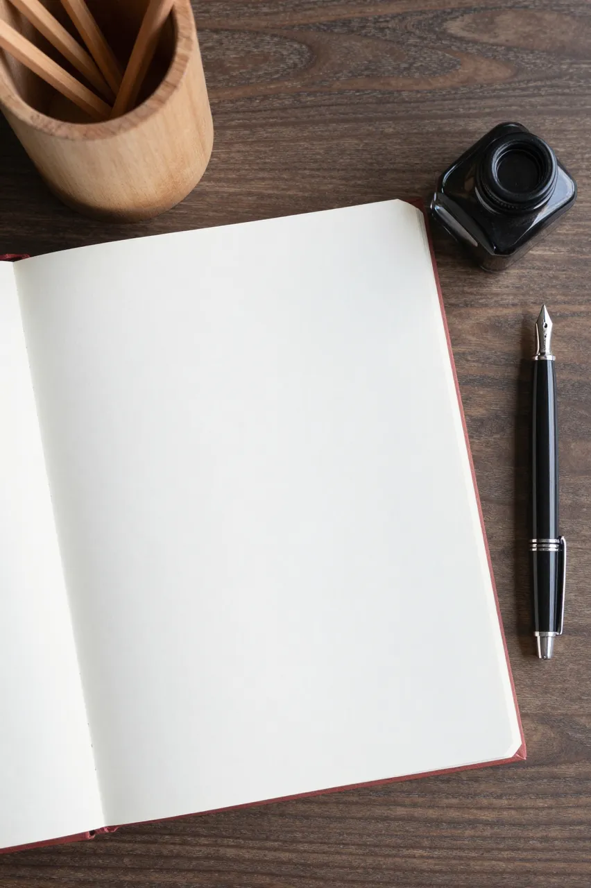 Top-down view of an open blank notebook, pencil cup, inkwell and fountain pen on a dark wooden desk