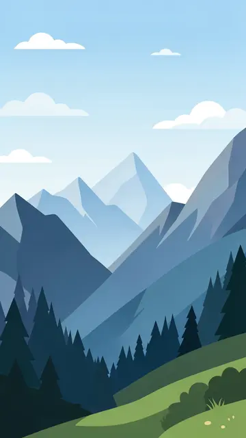 A flat illustration of layered blue mountains, pine trees, green hills, and a light blue sky with soft clouds
