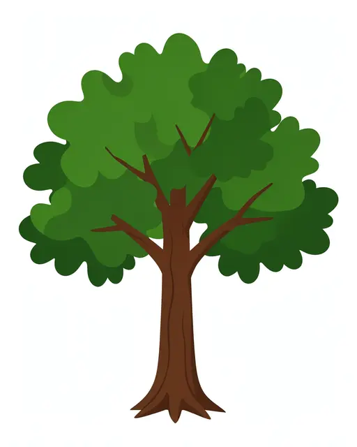Flat illustration of a leafy oak tree with a sturdy brown trunk isolated on a plain white background