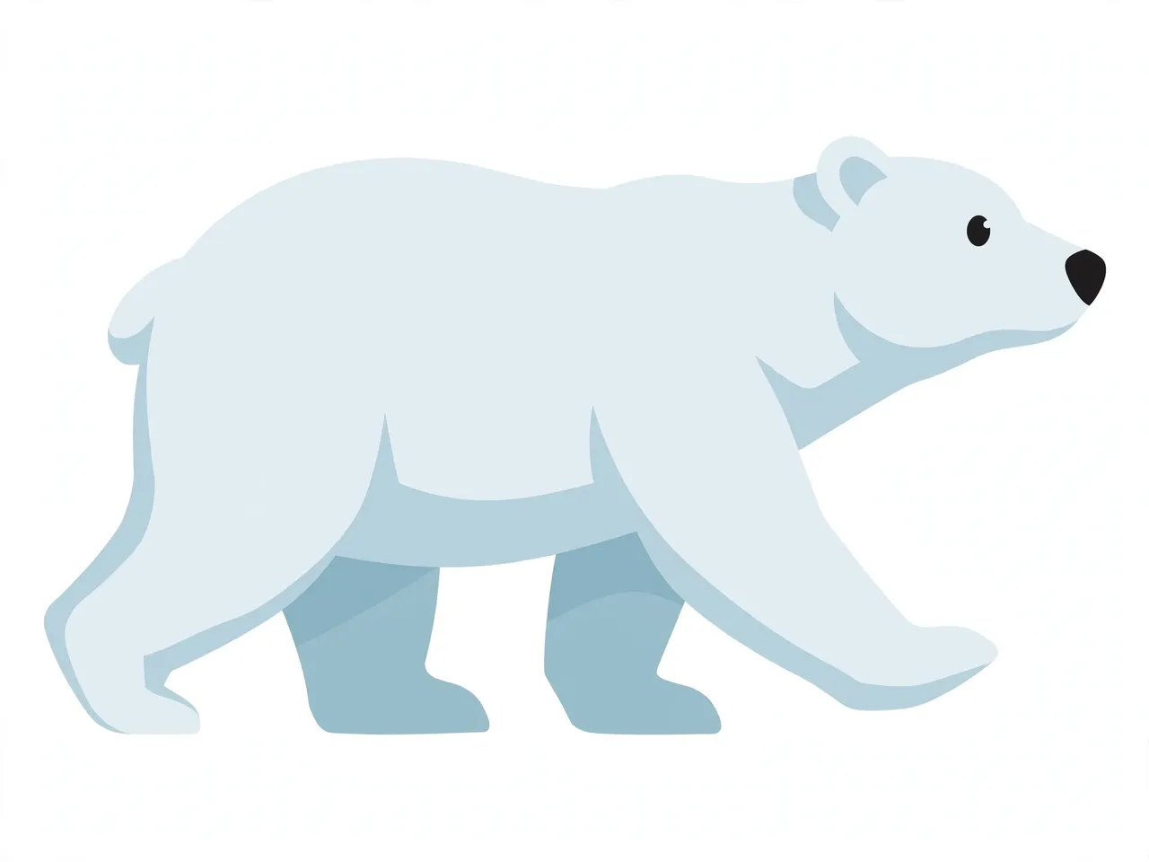 Side view flat clipart of a walking polar bear with pale blue shading isolated on a light background