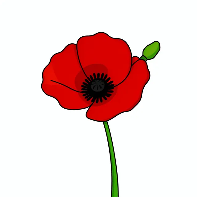 Flat clipart of a red poppy with a black center, green bud and stem on a plain white background