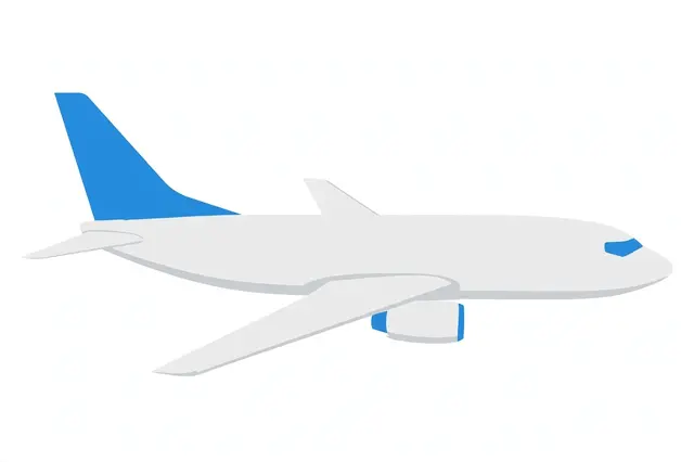 Flat side view illustration of a white swept-wing jet airplane with blue tail on a plain background