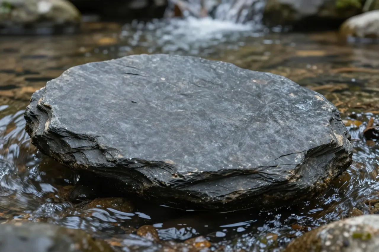 A flat dark slate stone sits in shallow flowing stream water with blurred cascading background water.