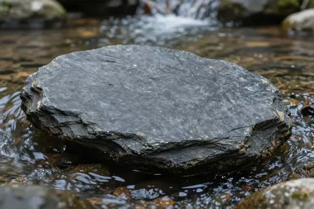 A flat dark slate stone sits in shallow flowing stream water with blurred cascading background water.