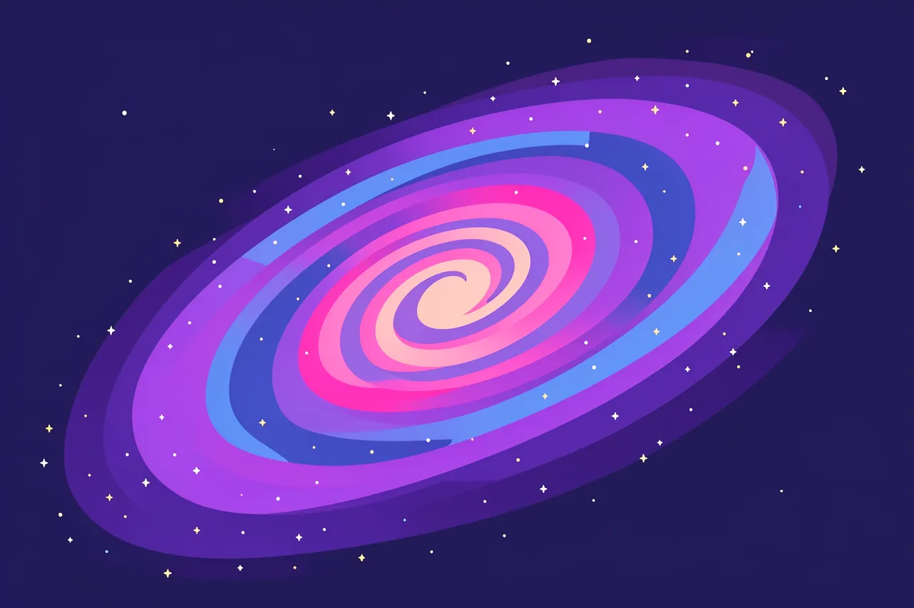 Stylized flat vector spiral galaxy in purple, pink and blue dotted with tiny stars on a dark space background