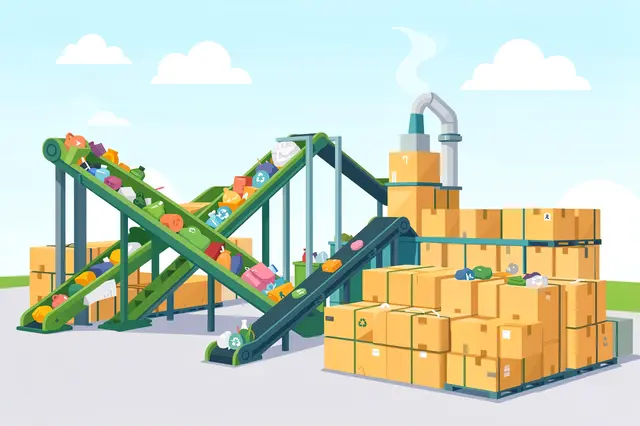 Cheerful flat vector illustration of a recycling facility with conveyor belts, sorted waste, and stacked bale containers