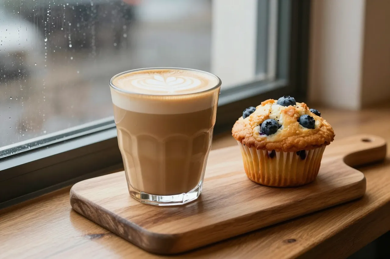 A latte art flat white coffee and fresh blueberry muffin rest on a wooden board by a rain-streaked cafe window.