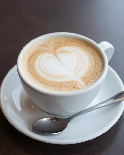 A white ceramic cup of flat white with heart-shaped latte art sits on a matching saucer with a metal spoon.
