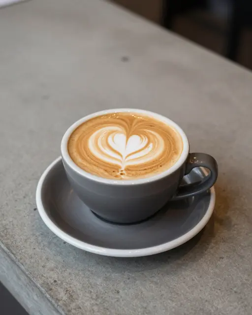 A gray ceramic cup with heart latte art rests on a saucer atop a concrete cafe counter.