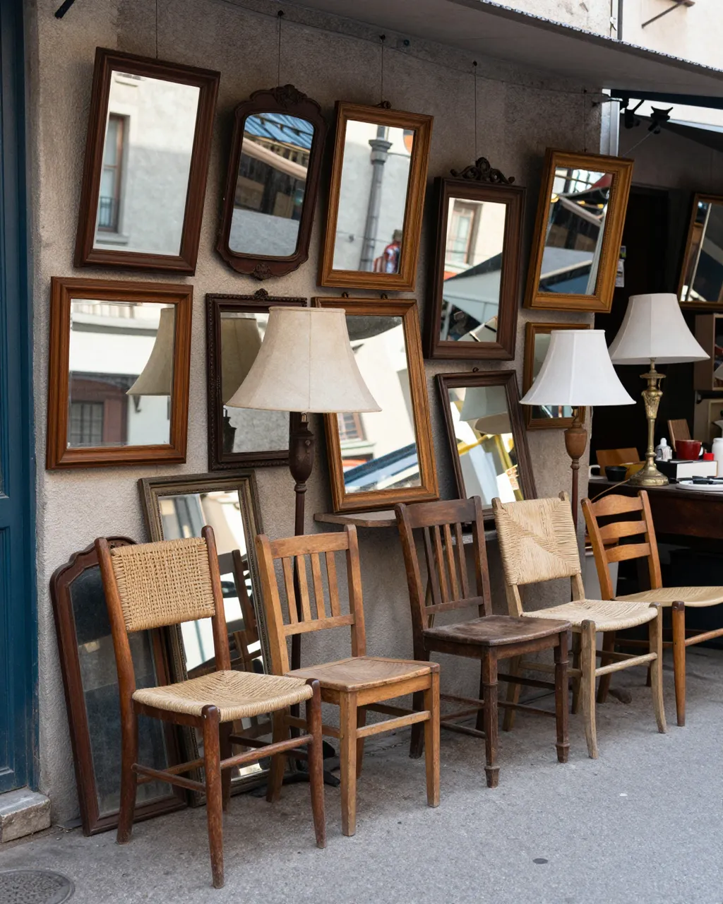 Vintage mirrors, wooden chairs and table lamps arranged on a sidewalk outside a building