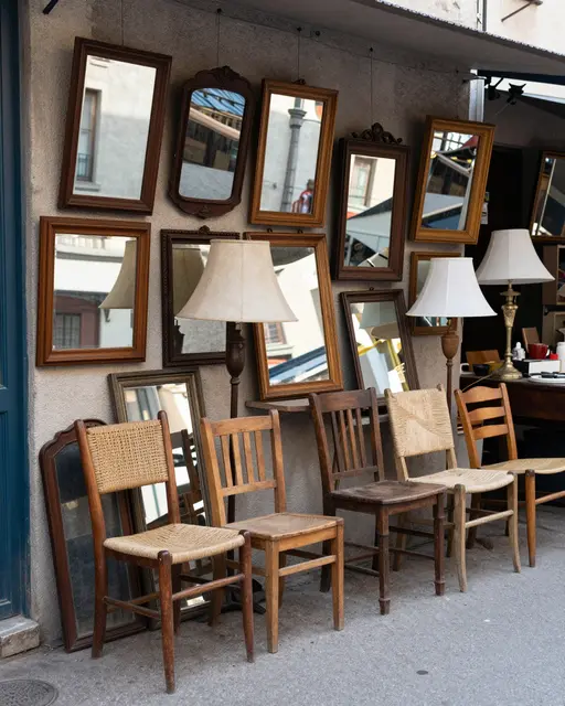 Vintage mirrors, wooden chairs and table lamps arranged on a sidewalk outside a building