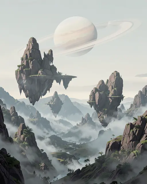 Floating stone islands hover above a misty alien valley with a ringed gas giant in the pale sky