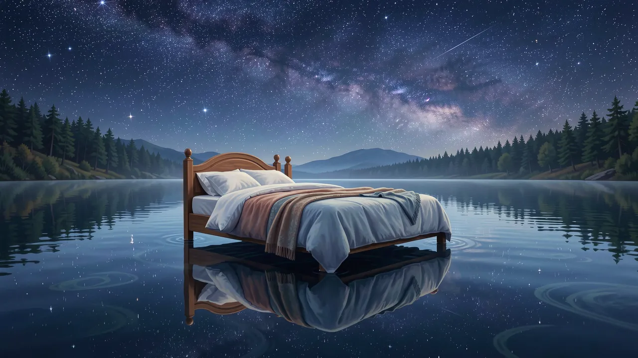 A wooden bed floats on a calm reflective lake under a bright starry night sky with forested shorelines