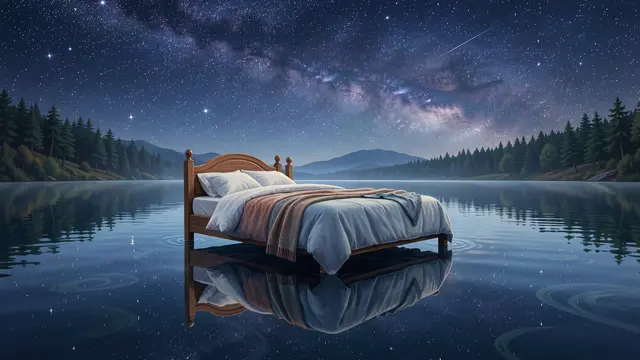A wooden bed floats on a calm reflective lake under a bright starry night sky with forested shorelines