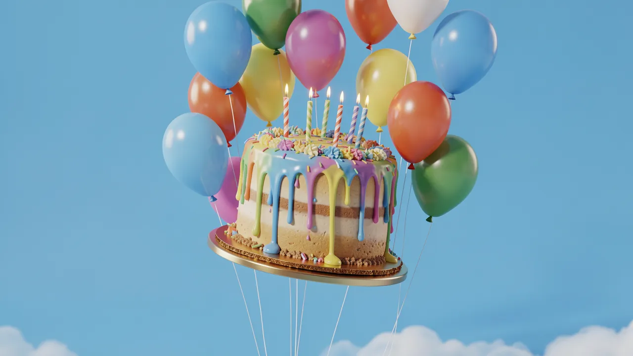 A 3D rendered dripping birthday cake with candles floats tied to colorful balloons against a light blue sky backdrop with
