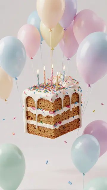 A floating layered birthday cake with lit candles, sprinkles, and surrounding pastel balloons against a soft neutral