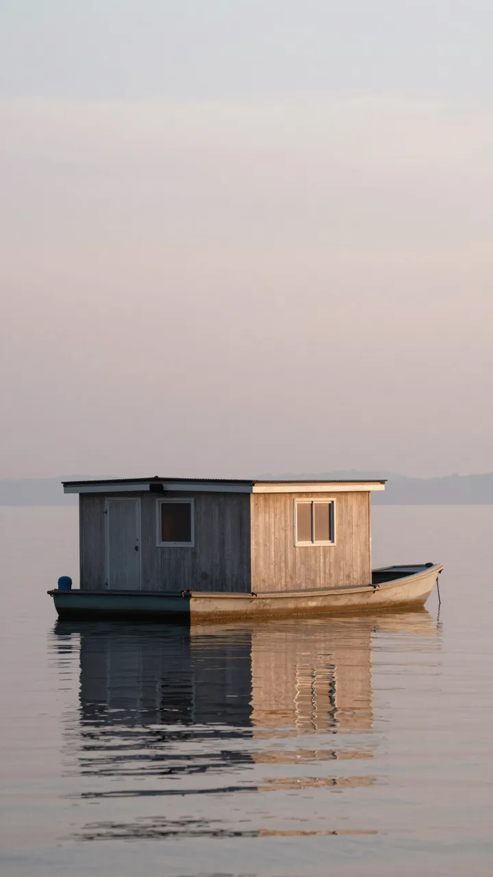 A small wooden floating cabin rests on still lake water beneath pale pink early morning sky
